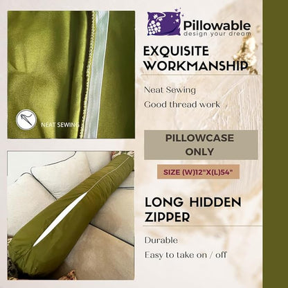 Case ONLY - Green 54x12 inches Round Body Pillowcase - Cover Only - Zipper Pillowcase - 100% Brushed Microfiber - Bolster Pillow Cover - Fits Only Pillowable Round Body Pillow