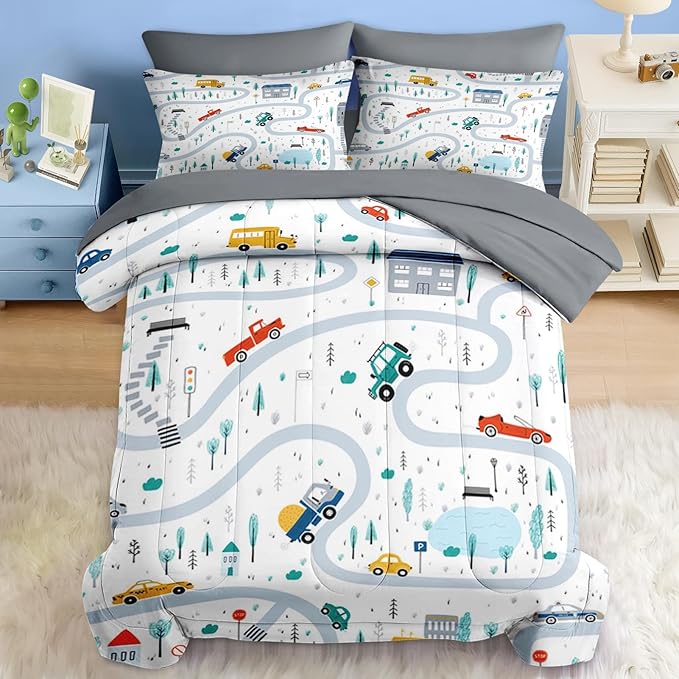 Comforter Set Full Size, Cute Car City 7 Pcs Bedding for Kids and Adults, Cartoon Tree Truck Bed Sheet Sets with Fitted Sheet 2 Pillowcases & 2 Shams for Bedroom Bed Decor