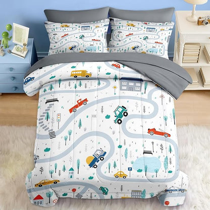 Comforter Set Queen Size, Cute Car City 7 Pcs Bedding for Kids and Adults, Cartoon Tree Truck Bed Sheet Sets with Fitted Sheet 2 Pillowcases & 2 Shams for Bedroom Bed Decor