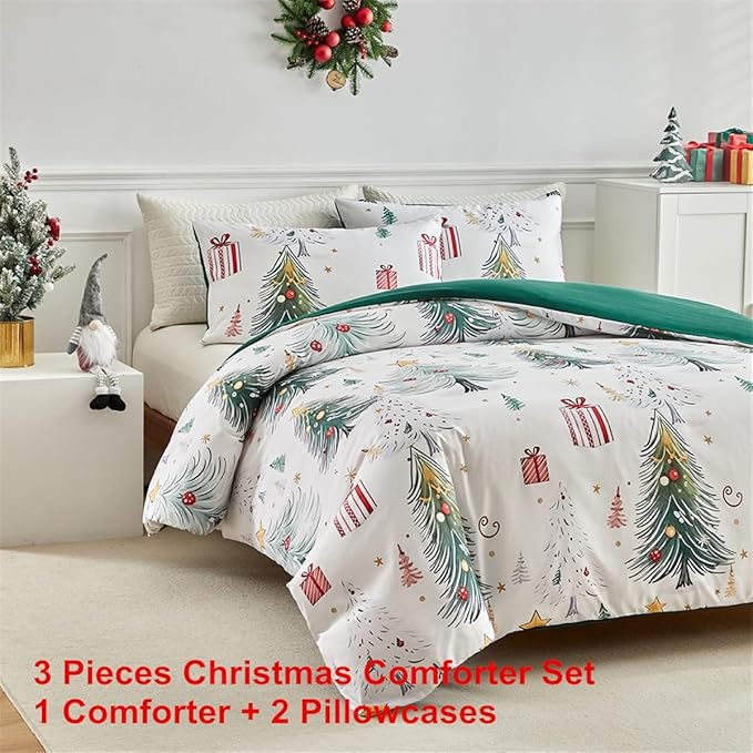 Christmas Kids Twin Comforter Set, Xmas Tree Gift Box 3 Pieces Twin Comforter with 2 Pillowcases, Soft Microfiber Holiday Fun Boys Girls Twin Bedding Set for Kids Teens