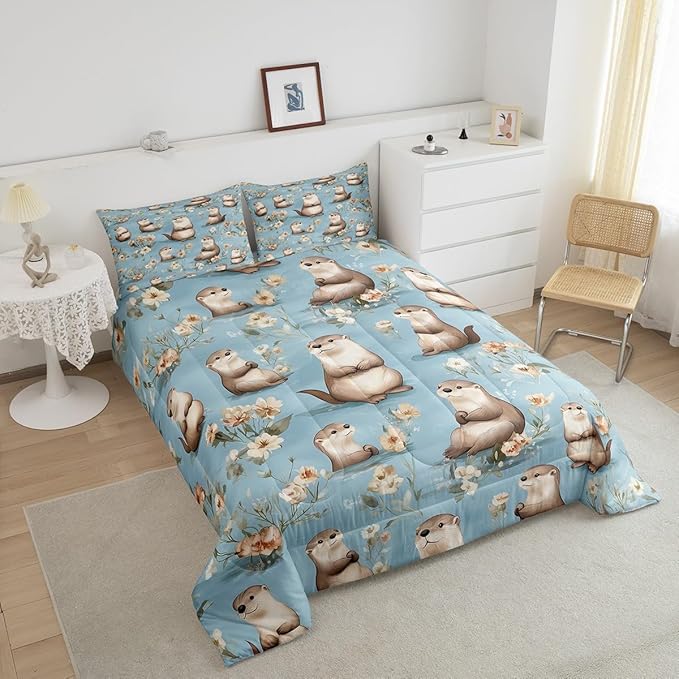 Cartoon Otter Comforter Set King Size 3 Pcs Cute Gray Wild Animal Decor Bedding Sets for Kids Boys Girls Teens Watercolor Retro Flowers Rustic Style Down Comforter with 2 Pillowcases