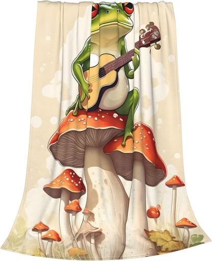 Frog Mushroom Blanket Gifts for Kids Funny Frog Play Guitar Flannel Throw Blankets Soft Comfy Lightweight for Home Decor Couch Bed Sofa 80x60 Inches