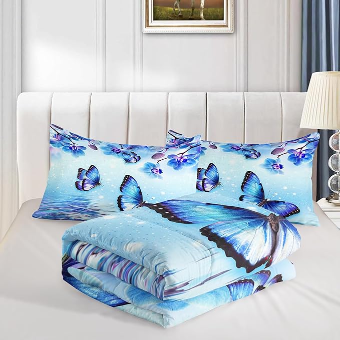 Fantasy Blue Themed Aesthetic Bedding King Comforter Set,Butterflies on Water with Falling Flowers Comforter Sets for Kids Girls Boys,Pretty Butterfly Pattern Bedding Sets with 2 Pillowcases.