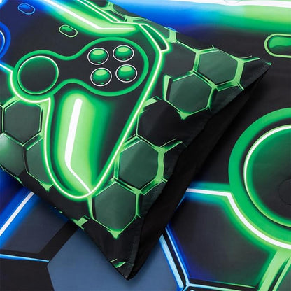NTBED 3D Gaming Comforter Set for Boys Kids Teens,5pcs Gamer Bedding Sets with Sheet,Game Console Bed in a Bag (Blue Green, Full)