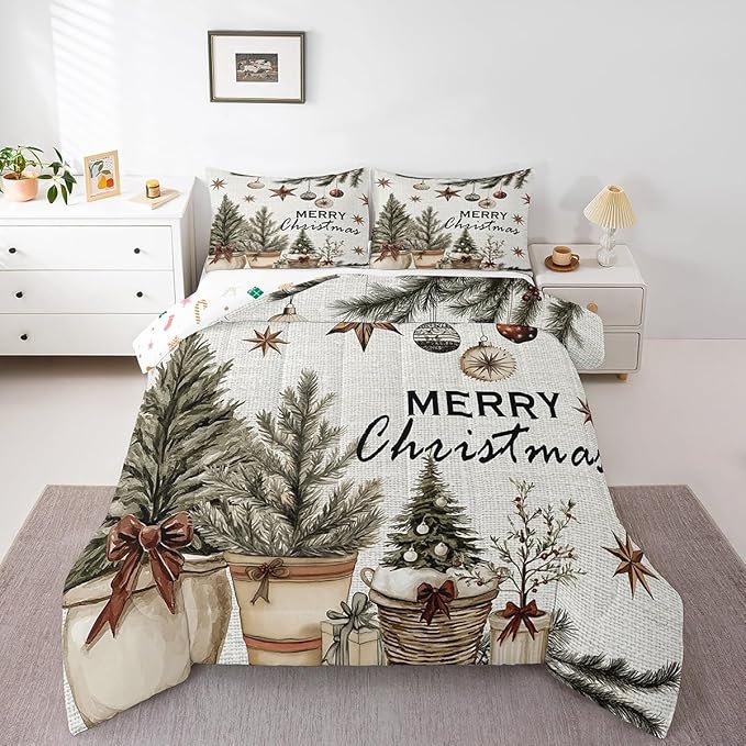 Erosebridal Christmas Tree Comforter Set for Kids Boys Girls,Merry Christmas Bedding Set,Winter Xmas Holiday Down Comforter,Happy New Year Reversible Bed Set with 2 Pillowcases Lightweight,Full