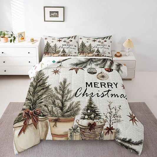 Erosebridal Christmas Tree Comforter Set for Kids Boys Girls,Merry Christmas Toddler Bedding Set,Winter Xmas Holiday Down Comforter,Happy New Year Reversible Bed Set with 1 Pillowcase for Bedroom