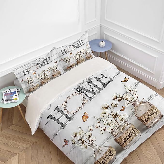 Cotton Flower Theme 3 Pieces Duvet Cover Comforter Set with 2 Pillowcase King Size White Floral Bed Sheet Quilt Bedroom Bedding for Lover Kids