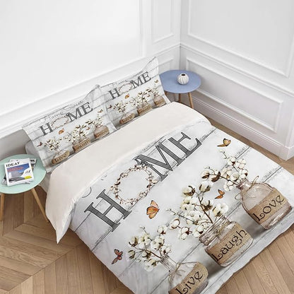Cotton Flower Theme 3 Pieces Duvet Cover Comforter Set with 2 Pillowcase Twin Size White Floral Bed Sheet Quilt Bedroom Bedding for Lover Kids