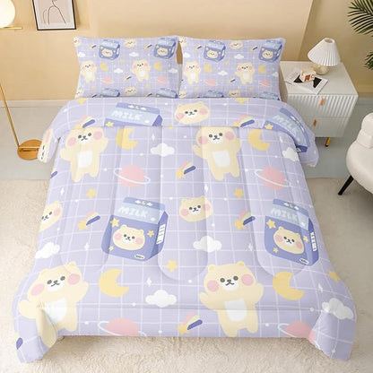 QOOMO Bear Comforter Twin Size,Kawaii Bedding Set for Kids Teens Girls,3Pcs Bedding Set Printed Comforter with 2 Pillowcases,Down Alternative,Soft and Lightweigh，Twin Size