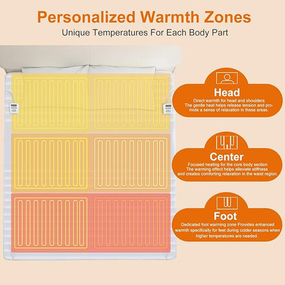 ALMAH Electric Heated Mattress Pad Queen,6-Zone Fast Heating Bed Warmer with Individual Head/Body/Foot Control,Memory&Preheat Functions,Dual Controllers,10 Heat Settings,10-Hour Auto Shut Off,60"x80"
