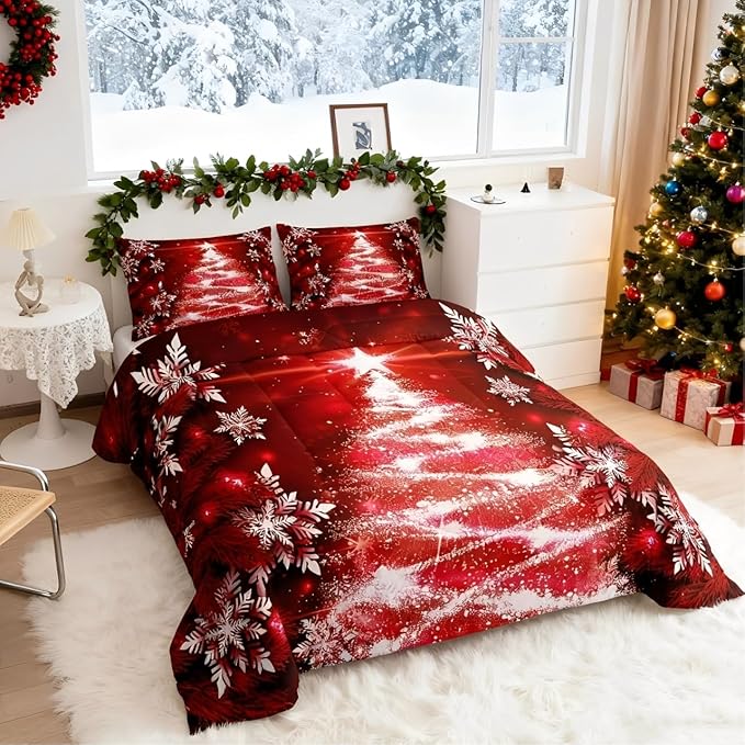 Feelyou Christmas Tree Comforter Set for Children Kids Boys Girls Luxury Chic Xmas Theme Bedding Set Glitter Snowflake Star Comforter Microfiber Red Duvet Set Room Decor Quilt Set Full Size
