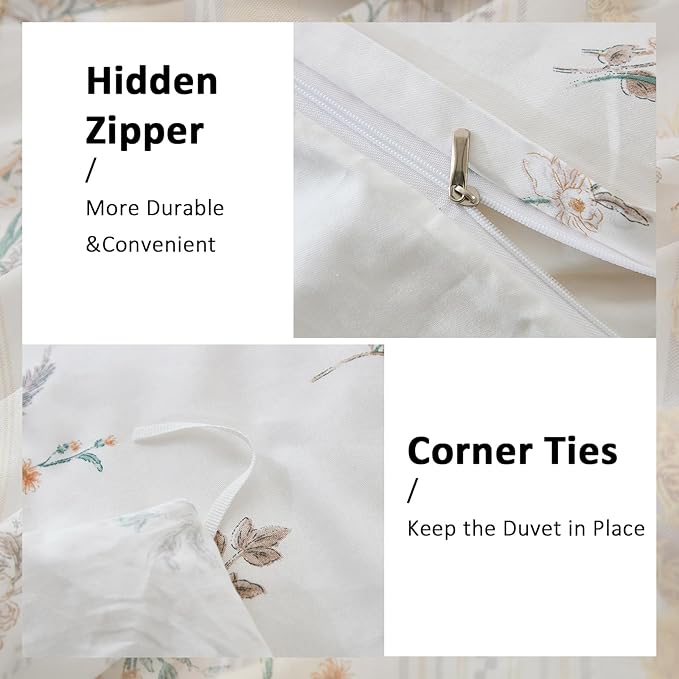 Duvet Cover Set Queen Size Vintage Style Garden Floral Duvet Cover 100% Cotton 3 Pcs Chic Floral Comforter Cover with Zipper Botanical Coquette Duvet Cover Set Ultra Soft & Breathable