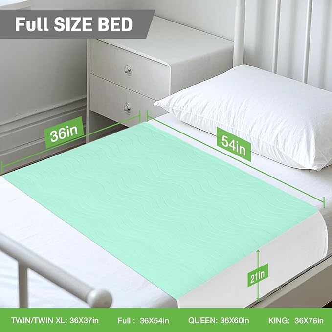 Bed Pads Washable Waterproof for Incontinence Adults, Reusable Wetting Pad Mattress Protector Underpads Tuckable Quick Dry, Fits Full Size Bed, 36" x 54", Green