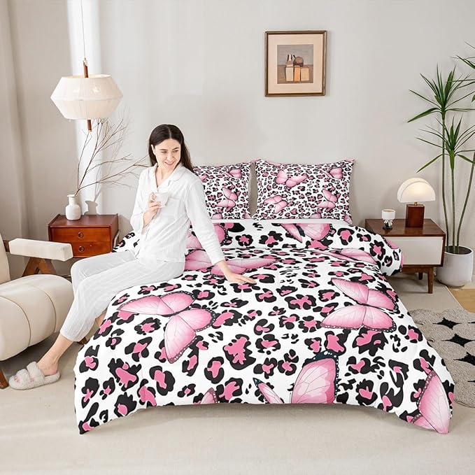 Leopard Print Comforter Set Full,Pink Butterfly Bedding Set 3pcs for Kids Teens Boy Girl Room Decor,Wild Animals Theme Quilt Set Cheetah Fur Duvet Insert with 2 Pillowcases