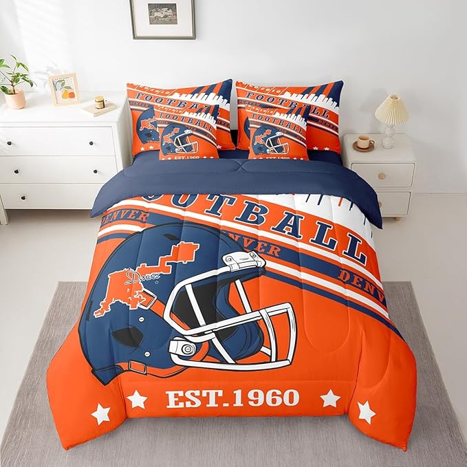 Erosebridal Cool Sports Helmet Comforter Set Full, Football Bedding Kids Rugby Sports Decor Comforter + Flat Sheet + Fitted Sheet + 2 Pillowcases + 2 Throw Pillow Covers