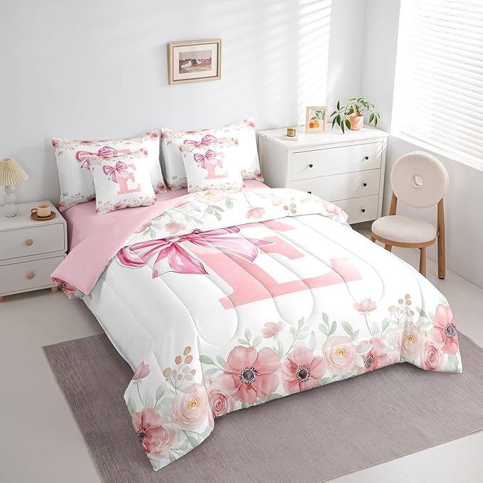 Erosebridal Cute Girly Bow Bedding Sets, Initial Letter E Bed in A Bag Twin Size for Girls Kids Woman Flower Floral Comforter Set with Sheets Fresh Style Spring Bed Set Bedroom Decor 7 Pieces