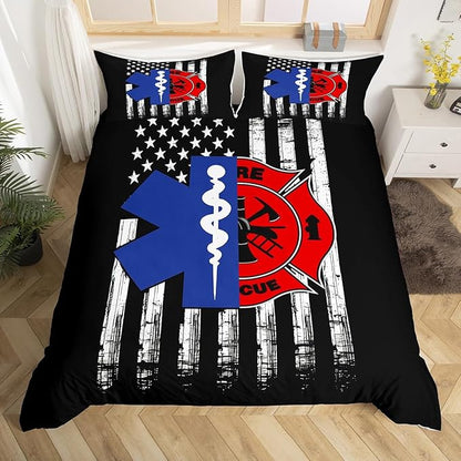 Firefighter EMT Badge Duvet Cover Set Twin Size,Practitioner Fireman Themed Comforter Cover for Kids Boys Bedroom Xmas Gift,Stars Stripes American Flag Bedding Set with 1 Pillowcase Bedspread, Soft
