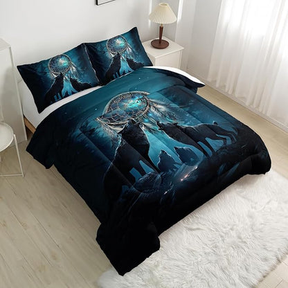 Dreamcatcher Wolf Comforter Set Twin Size for Kids Teens and Adults Moonlight Forest Wolf Printed Quilt Set for Bedroom Soft Microfiber Print Quilt Set with 1 Comforter and 2 Pillowcases