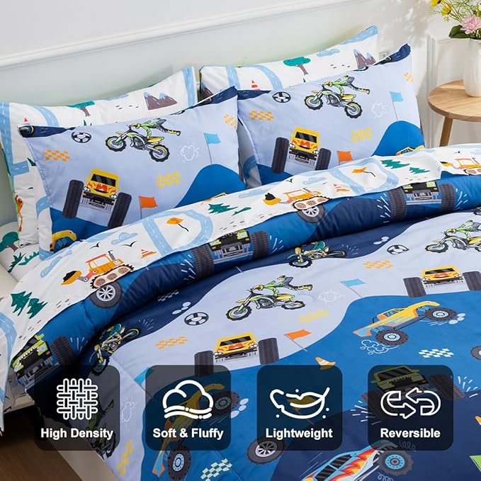 Holawakaka Trucks Tractors Cars Boys 5-Piece Bedding Comforter Sheet Set,Twin Size Cartoon Construction Car Excavator Print Kids Bed in A Bag, Excavator Mixer Truck Printed Bed Sets(Light Blue Twin)