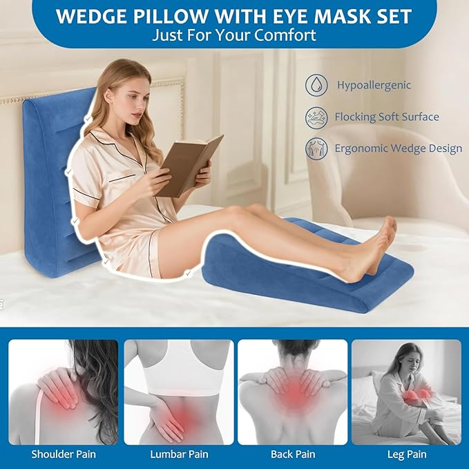 TheClover Inflatable Wedge Pillow for Traveling & Sleeping - 8 Inch Bed Wedge Pillow for Acid Reflux, Snoring, Back Support, Sleeping Upright After Surgery,Portable Inflatable Pillow with Eye Mask