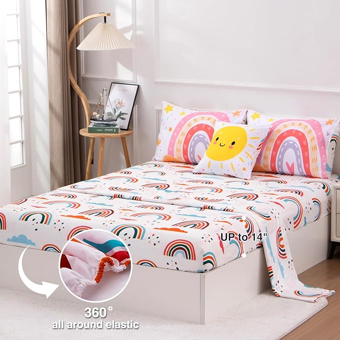 A Nice Night Bedding 6 Pcs Cartoon Rainbow Bedding Set with Smile Sun Printed for Boys Girls Bed Comforter Sets (White, Full)