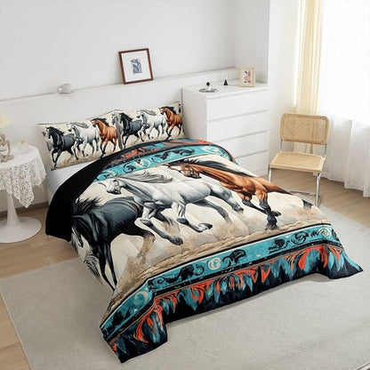 Feelyou Horse Bedding Set Toddler Size Kids Bohemian Southwestern Native Aztec Comforter Cover for Boys Girls Teens Teal Beige Duvet Cover Breathable Soft Lightweight Microfiber Quilt Set