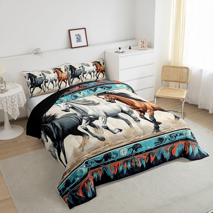 Feelyou Horse Bedding Set Twin Size Kids Bohemian Southwestern Native Aztec Comforter Cover for Boys Girls Teens Teal Beige Duvet Cover Breathable Soft Lightweight Microfiber Quilt Set