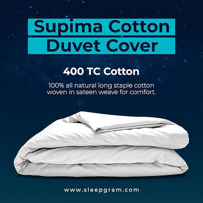 Sleepgram Supima Machine Washable 400 Thread Count Cotton Silver Ion Infused Luxury Zippered Duvet Cover with Travel Bag, Twin, White