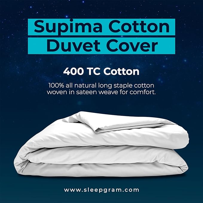 Sleepgram Supima Machine Washable 400 Thread Count Cotton Silver Ion Infused Luxury Zippered Duvet Cover with Travel Bag, King, White