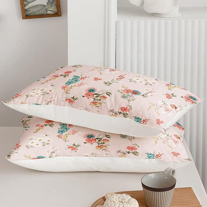 QOOMO Floral Comforter Set, Queen Size, Pink Floral, 3 Pcs Bedding Set, Printed Comforter with 2 Pillowcases, Down Alternative, Soft and Lightweight, All Seasons