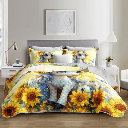 Kawaii Yellow Unicorn Flowers Quilts Bedding King 3Pcs Tie-Dye Sunflower Butterfly Bed Set Dreamy Animal Pattern Bedspread Coverlet with 2 Pillowcases for Kid Boy Girl Teen Adult Room Decor