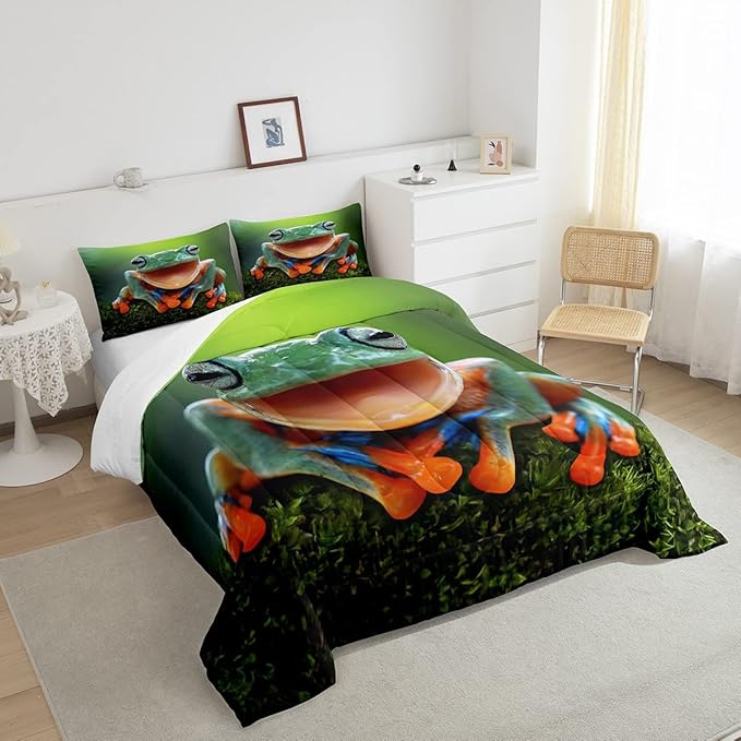 Feelyou Frog Bedding Set Tropical Amphibian Comforter Set for Kids Boys Girls 3D Animal Theme Comforter Tropical Nature Theme Decor Quilt Set Bedroom Collection 3Pcs Full Size