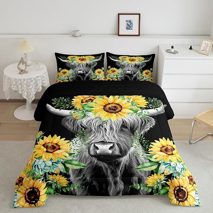 Feelyou Highland Cow Bedding Set Kids Sunflower Floral Western Cow Bull Comforter Set for Girls Teens Farmhouse Wildlife Animal Comforter Black Duvet Set Room Decor Quilt Set Queen Size