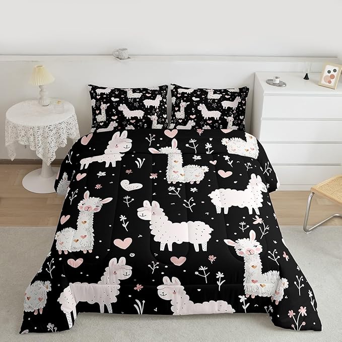 jejeloiu Cute Llama Comforter Set All Season Pink Love Heart Bedding Set with 1 Pillow Cases Floral Flower Microfiber Kids Twin Bedclothes Kawaii Animal Bedroom Decor Duvet Quilt Soft