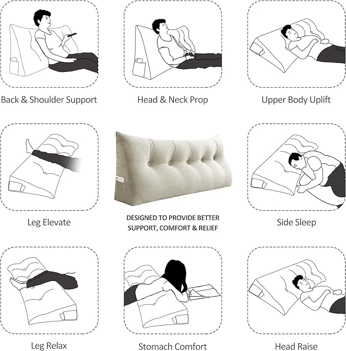 Headboard Wedge Pillow Large Bolster Reading Pillows for Sitting in Bed Adult,Velvet Triangular Cushion Backrest Lumbar Back Support Upholstered Daybed Sit Up Book Pillows(White,Twin)