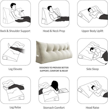 Headboard Wedge Pillow Large Bolster Reading Pillows for Sitting in Bed Adult,Velvet Triangular Cushion Backrest Lumbar Back Support Upholstered Daybed Sit Up Book Pillows(White,Twin)