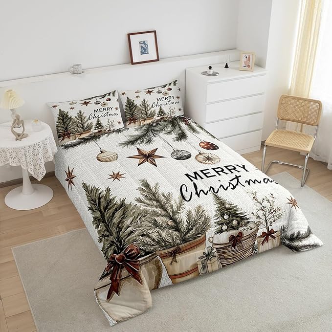 Erosebridal Christmas Tree Queen Comforter Set for Kids Boys Girls,Merry Christmas Bedding Set,Winter Xmas Holiday Down Comforter,Happy New Year Reversible Bed Set with 2 Pillowcases for Bedroom
