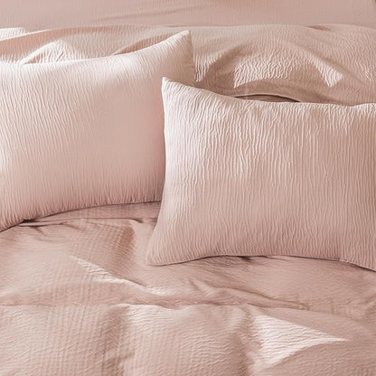 Duvet Cover Queen Size, Luxury Brushed Microfiber Double-Layer Crinkle Gauze Pink Duvet Cover, 3 Pieces Bedding for All-Season, Soft Breathable with Zipper Closure (No Comforter)