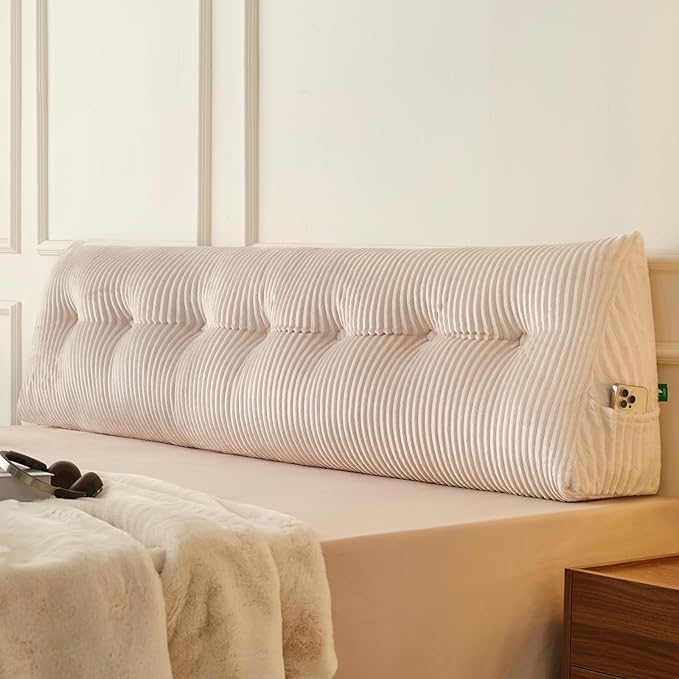 Z-hom King Headboard Pillow, Triangular Wedge Reading Pillow for Bed or Sofa, Ergonomic Backrest Cushion for Sitting Up, Reading or Relaxing, with Side Pocket，Removable Washable Cover,Beige Cream