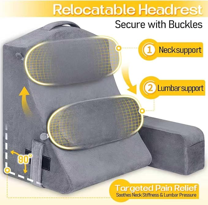 MOON PINE Reading Pillow for Adults, Memory Foam Backrest with Detachable Arms - Bed Pillow for Sitting Up, Built-in Cup Holder & Phone Pocket (Gray, 21 inch)
