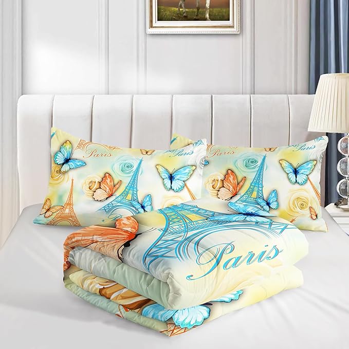 Paris Eiffel Tower Themed Bedding Butterfly Comforter 3Pcs Queen Tie Dye Rose Colorful Pattern Bedding Set for Teen Girl Boy Bed Decor Romantic Building Quilt with 1 Comforter and 2 Pillowcases