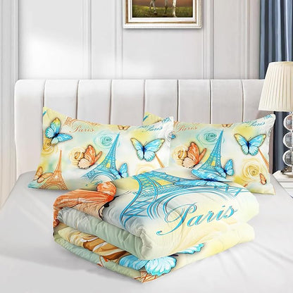Paris Eiffel Tower Themed Bedding Butterfly Comforter 3Pcs Queen Tie Dye Rose Colorful Pattern Bedding Set for Teen Girl Boy Bed Decor Romantic Building Quilt with 1 Comforter and 2 Pillowcases