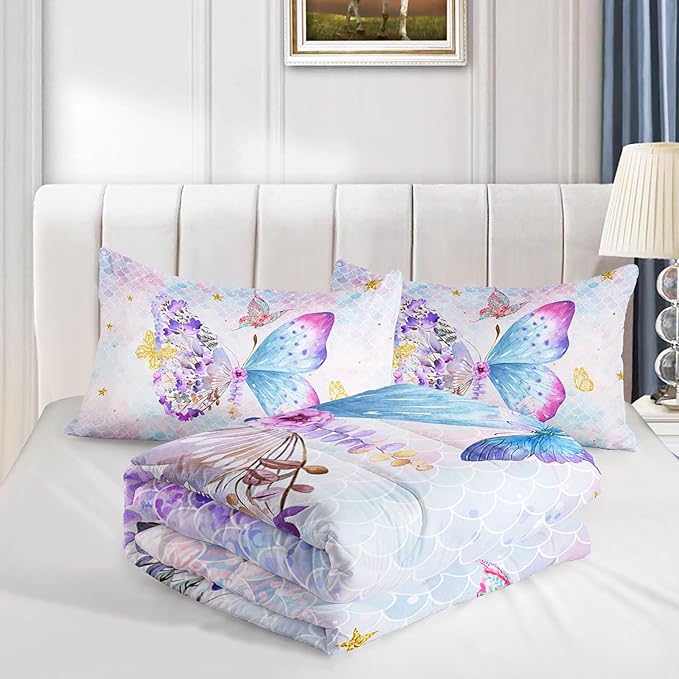 Cartoon Butterfly Comforter Set - Watercolor Printed Bedding With 1 Comforter and 2 Pillowcases for Boys and Girls Bedroom - All Season (Twin)