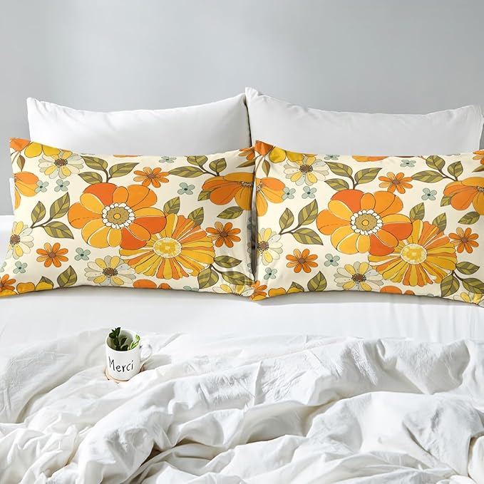 Castle Fairy Retro Flowers Duvet Cover Set Twin Size,Watercolor Yellow Floral Green Leaves Plant Comforter Cover for Kids Boys Bedroom Gift,70s Trippy Daisy Bedding Set with 1 Pillowcase Bedspread