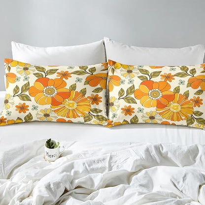 Retro Flowers Bedding Set Queen Size,Watercolor Yellow Floral Green Leaves Plant Duvet Cover Set for Children Bedroom Present, 70s Trippy Daisy Microfiber Comforter Cover with 2 Pillowcases