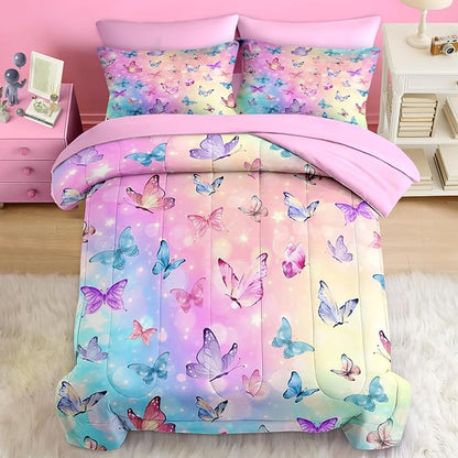 Comforter Set Queen Size, Pink Blue Butterfly 7 Pcs Bedding for Kids and Adults, Purple Colorful Rainbow Bed Sheet Sets with Fitted Sheet 2 Pillowcases & 2 Shams for Bedroom Bed Decor