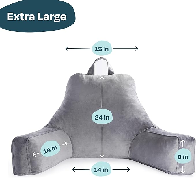 Linenspa Reading Pillow with Shredded Memory Foam- X-Large Size - Back Pillow for Sitting in Bed, Reading, Gaming, Watching TV – Bed Chair with Arms, Dorm Room Essentials, Stone
