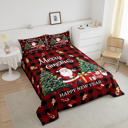 Merry Christmas Comforter Set,Xmas Santa Claus Christmas Tree Bedding Set for Kids Boys Girls,Red Gingerbread Stocking Duvet Insert,Vintage Gird Holiday Down Comforter with 2 Pillowcases,Queen