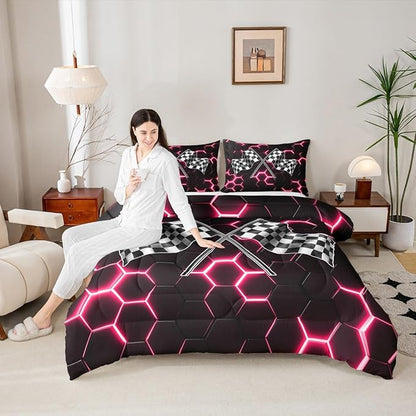 Black White Flag Geometric Comforter Set King Size Fashion Red Neon Light Honeycomb Bedding Set for Kids Boys Teens Games Room,3D Checkered Flag Quilted Duvet Race Sports Gaming Duvet Insert 3pcs