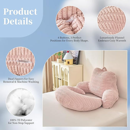 Back Pillow for Bed Sitting Up,U Shaped & Back Support Pillow for Bed,19" Backrest with Lumbar & Arm Support,Comfy Corduroy Fabric,Lap Pillow for Gaming/Reading/Watching TV,Pink